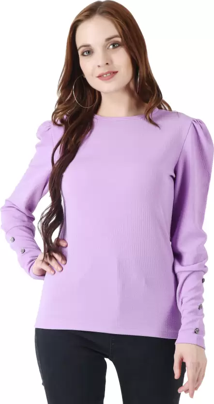 Casual Puff Sleeves Solid Women Purple Top