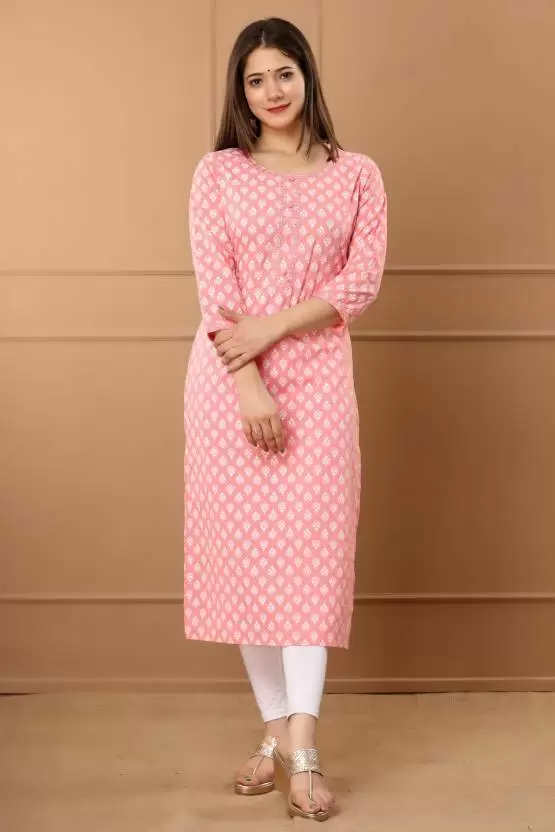 Women Printed Pure Cotton Straight Kurta  (Pink)