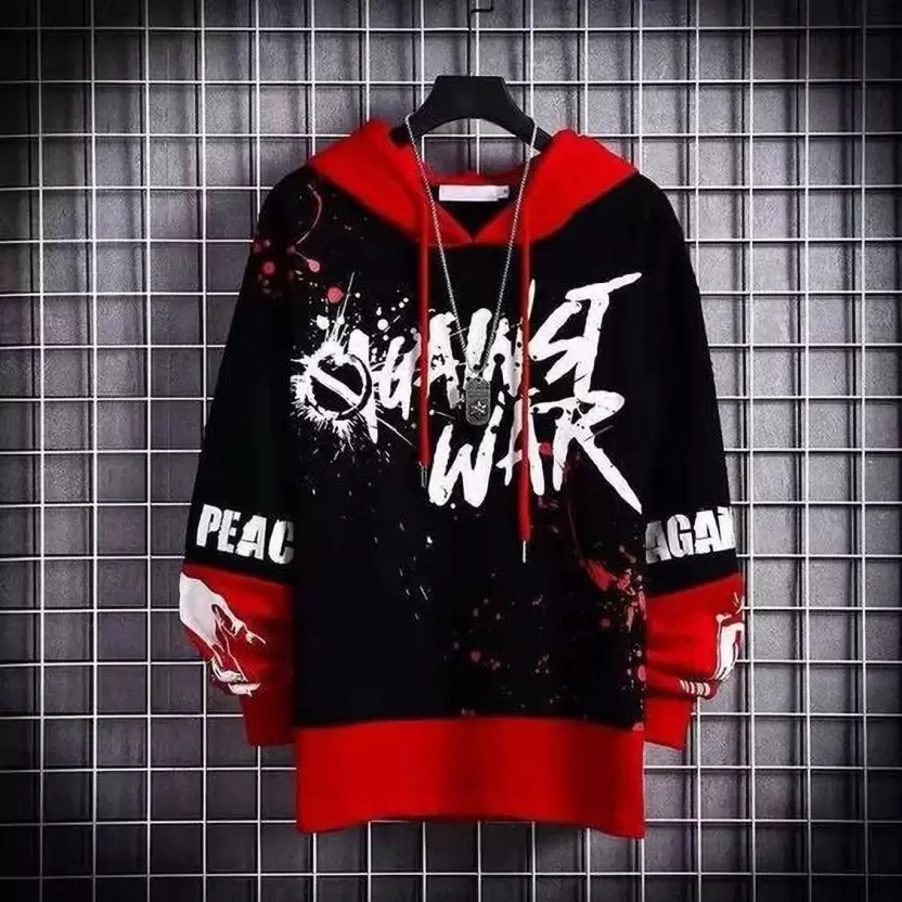 Men Printed Hooded Neck Red, Black T-Shirt