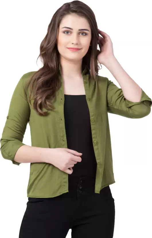 Women Regular Fit Solid Spread Collar Casual Shirt